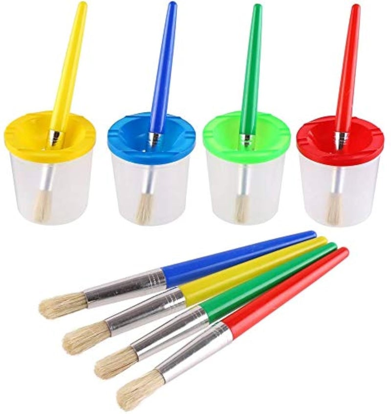 DIYASY 4 Pcs Kids No Spill Paint Cups and 4 Round Paint Brushes 4 Colors Spill Proof Paint Cups for Childrenâ€™ Art Class and Home. - Image 1